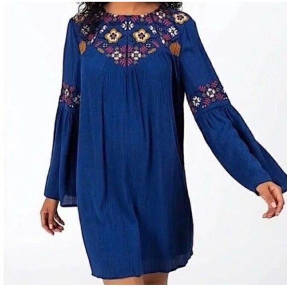 Blue Rain Francesca's Floral Embroidered Boho Long Sleeve Tunic Mini Dressβ S